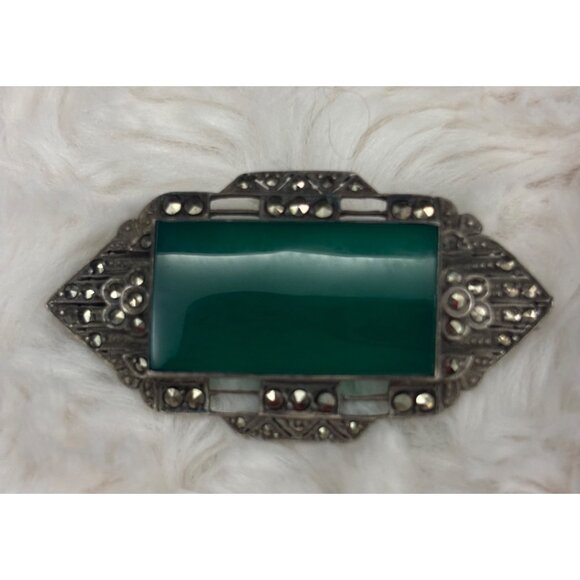 Vintage 1930s Art Deco Sterling Silver Green Agate & Marcasite Brooch - Germany - Picture 4 of 12